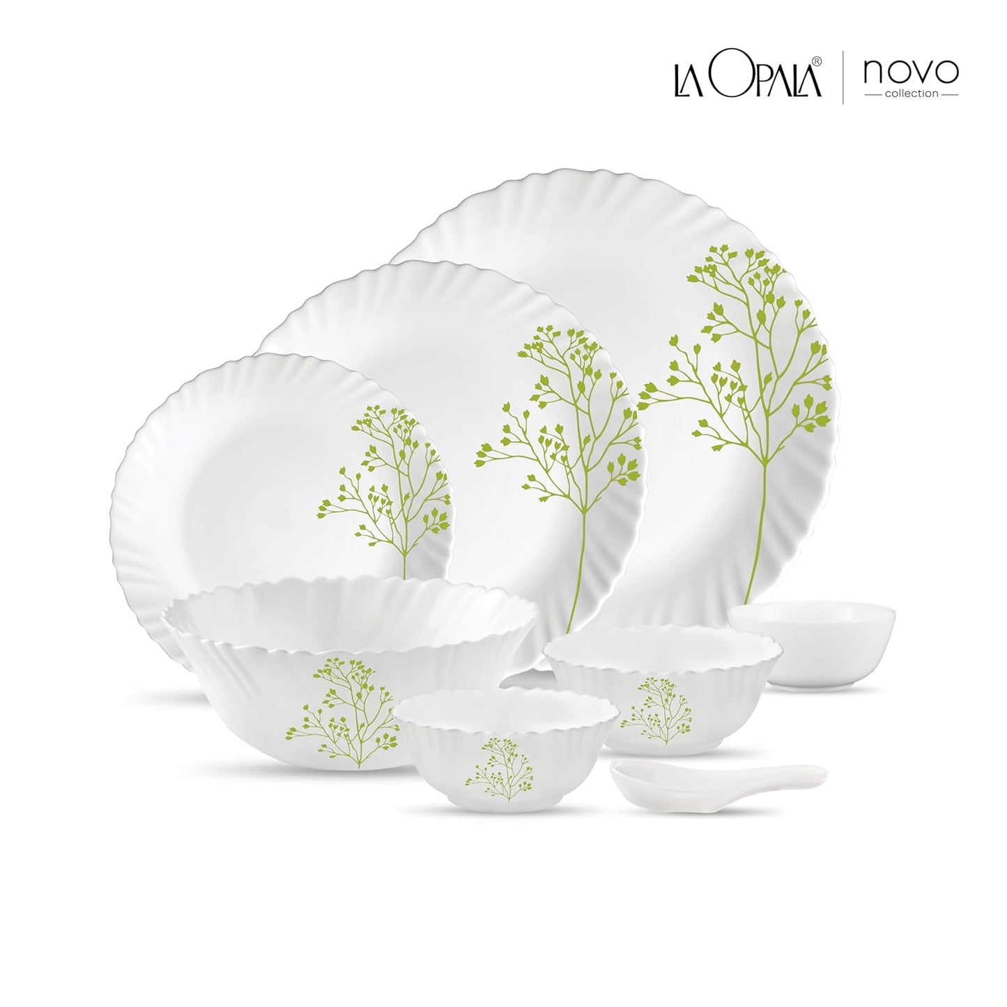 La Opala Novo Collection Opal Glass Crockery | for Family of 6 | Dinner Set 35 pcs Blissfull Green | Plates & Bowls for Dining | Microwave Safe | 100% Vegetarian | Extra Strong | Light & White
