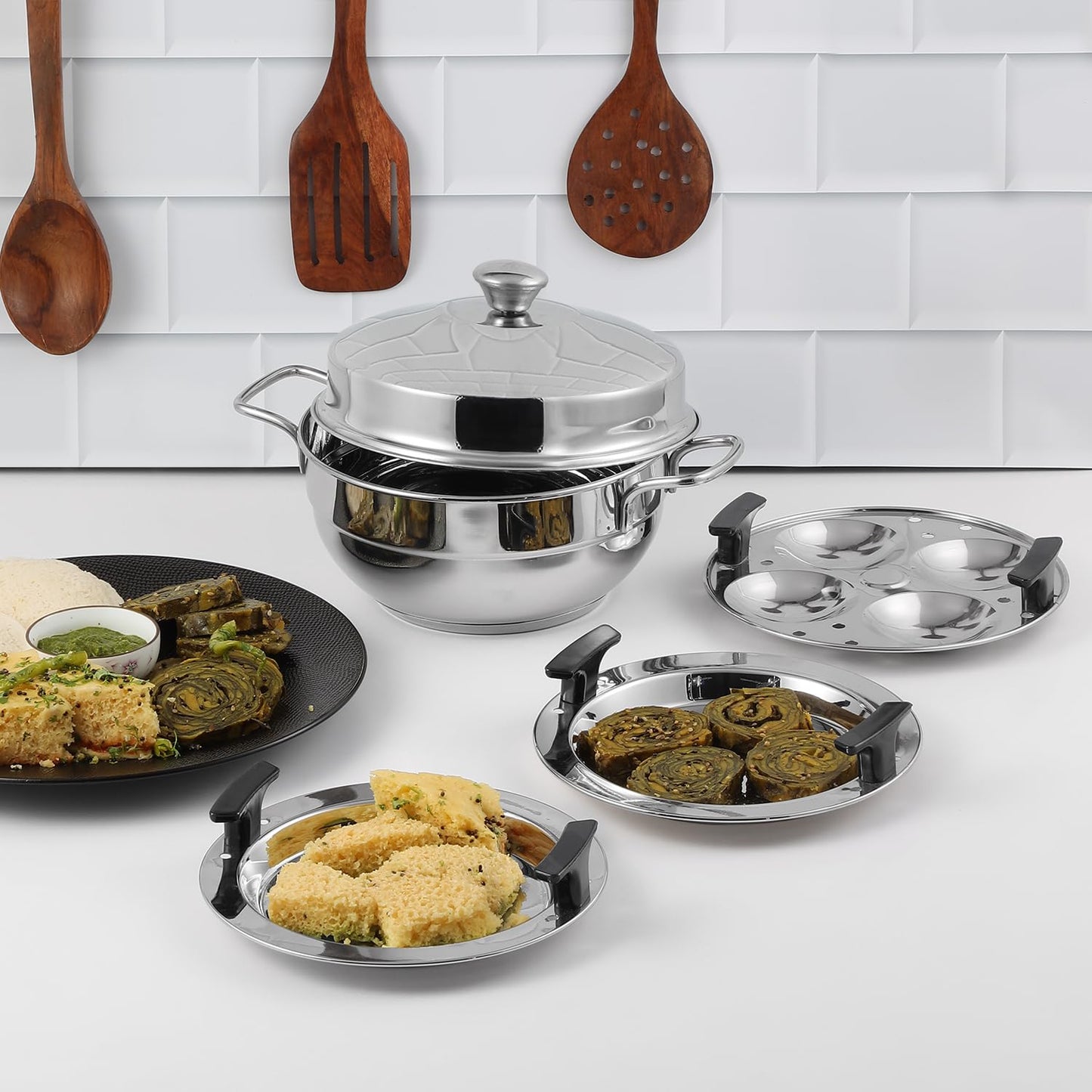 Vinod Gen-Z 1 liter Stainless Steel Multi Kadai with 6 Plates - 19 cm| 2 Idli, 2 Dhokla and 1 Patra Plate | All In One Multi Purpose Kadhai | Induction and Gas Base | Small - 2 Year Warranty