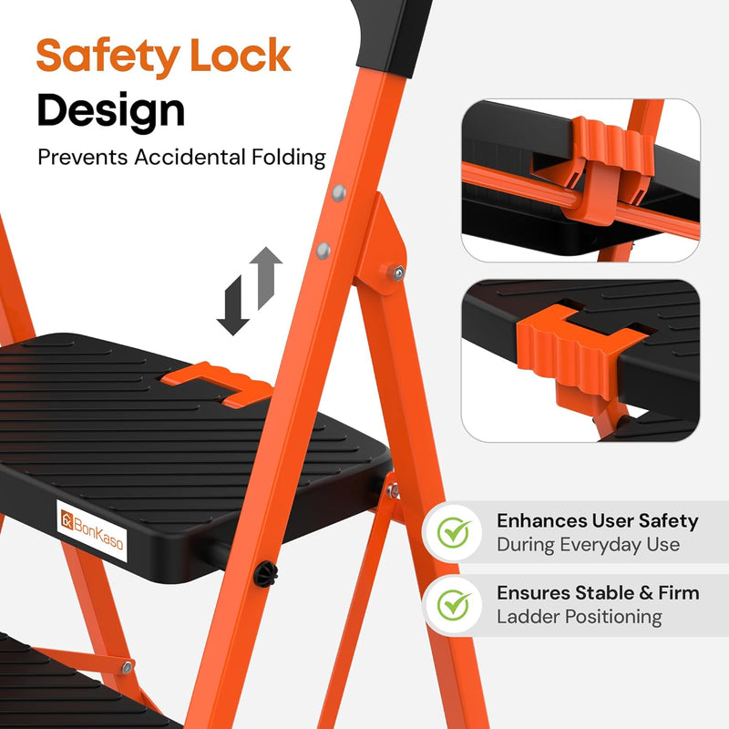 BonKaso Climb Easy 5 Step Heavy Duty Steel Folding Climbing Ladder for Home, Home & Office – with Safety Lock, Anti-Slip Wide Steps, Support Handle & Tool Tray (Orange & Black)