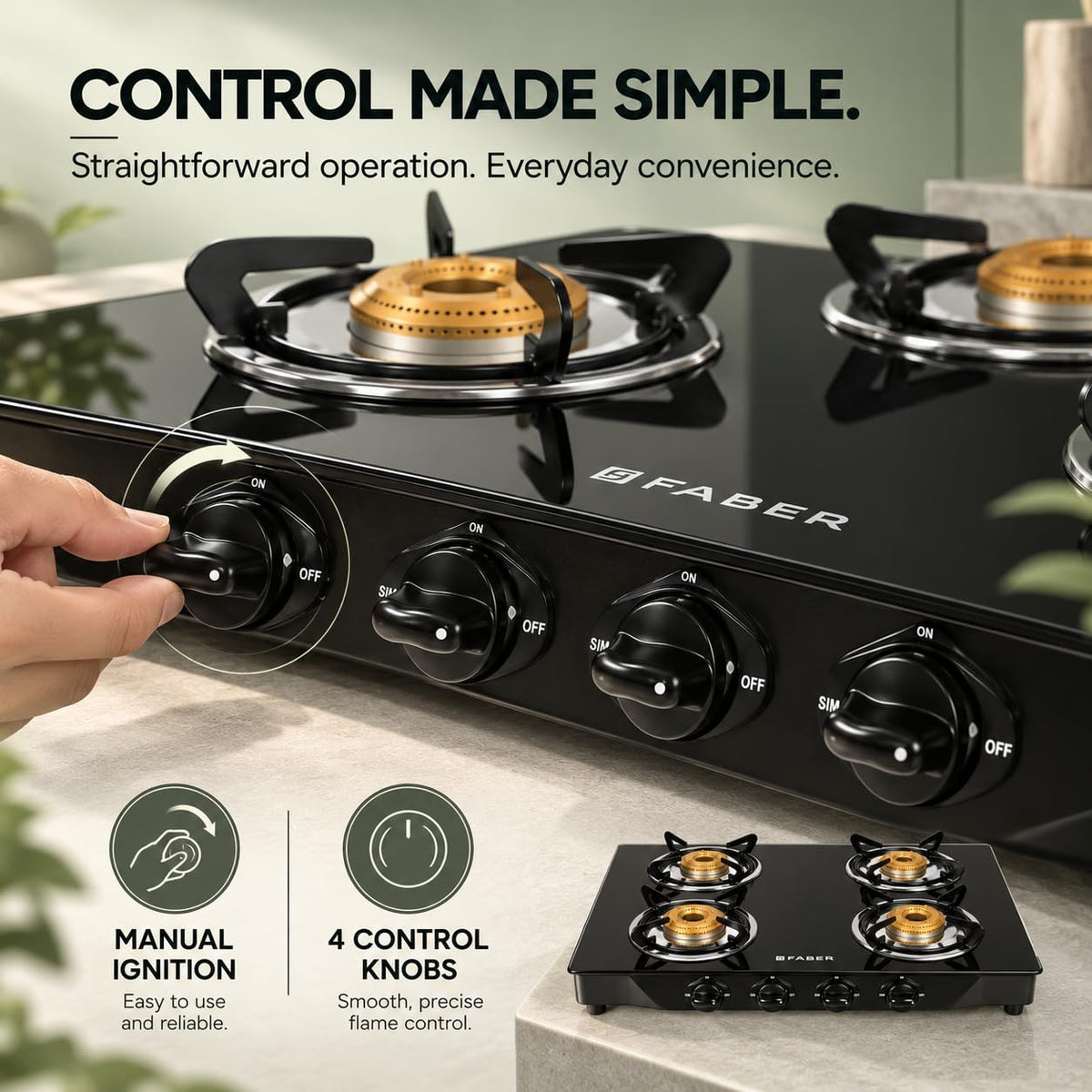 Faber Jumbo Glass Top 4 Burner Gas Stove, Manual Ignition (Jumbo 4BB BK), Black