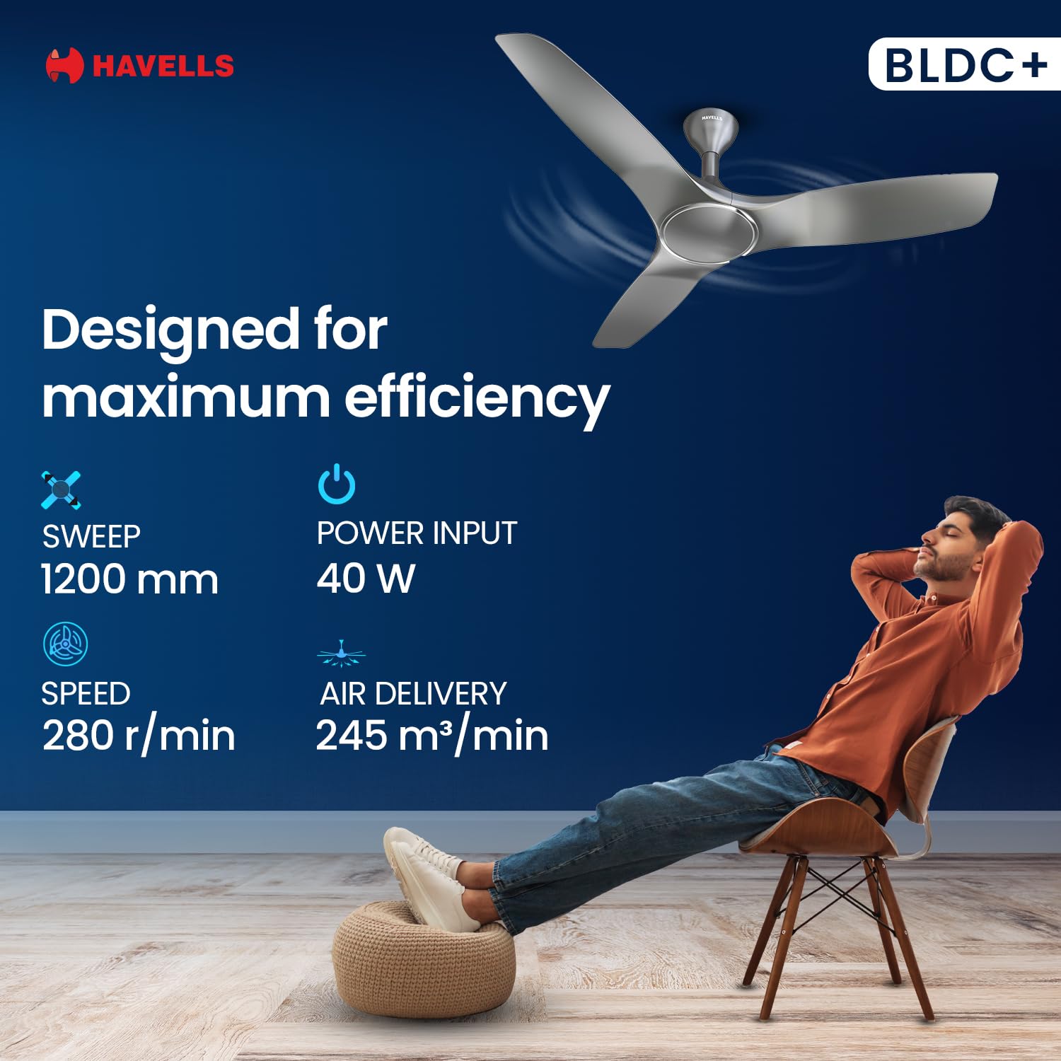 Havells 1200mm Stealth Air BLDC Motor Ceiling Fan | Remote Controlled, High Air Delivery Fan | 5 Star Rated, Upto 60% Energy Saving, 2 Year Brand Warranty | (Pack of 1, Slate)