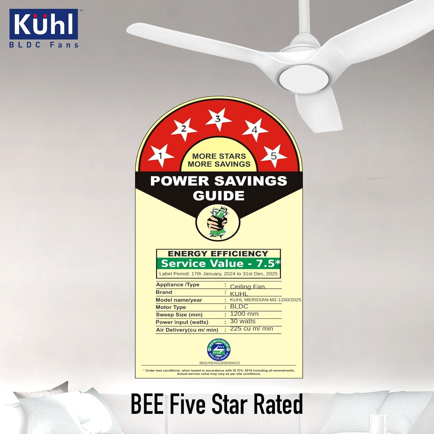 KUHL Meridian M2 1200 mm 65% Power Saving BLDC Ceiling Fan With Remote | BEE 5 Star Rated & ISI Marked | High Air Flow | Reverse Mode | 5 Year Warranty on Motor | Free Installation | White