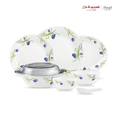 Diva by La Opala, Pearl Collection, Opal Glass Dinner Set 35 pcs, Turquoise Trims, White