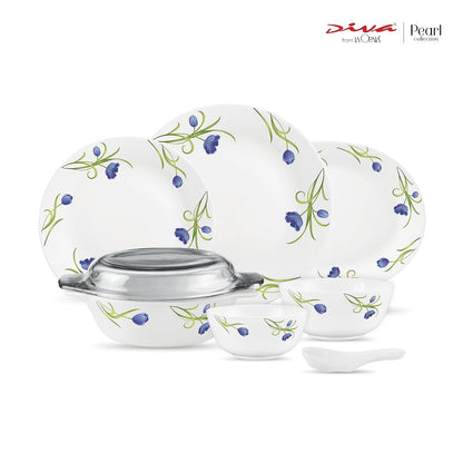 Diva by La Opala, Pearl Collection, Opal Glass Dinner Set 35 pcs, Turquoise Trims, White