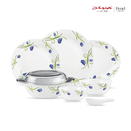 Diva by La Opala, Pearl Collection, Opal Glass Dinner Set 35 pcs, Turquoise Trims, White