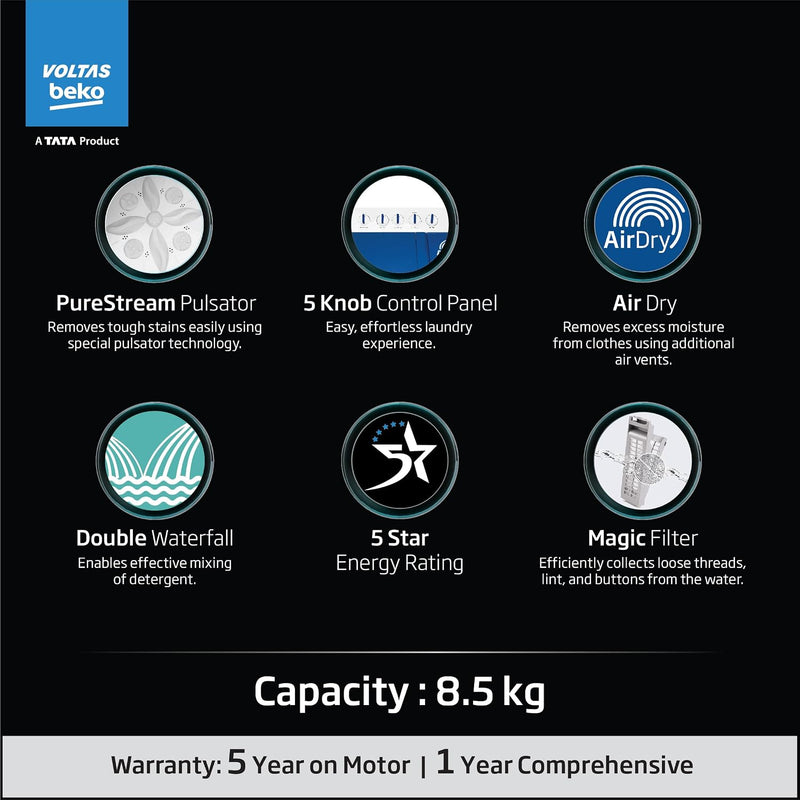 Voltas Beko, A Tata Product 8.5 Kg 5 Star Semi-Automatic Top Loading Washing Machine (WTT85UHA/OK5I0I0W01, Blue, Air Dry & Pulsator wash technology)-2