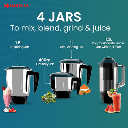 Havells ESO 750 Watt Mixer Grinder | 4 Jars (3 Stainless Steel + 1 Juicer Jar) | Heavy-Duty ABS Body | Powerful Motor | Wider Mouth Blades | Handles on All Jars | 2-Year Product Warranty (Teal)