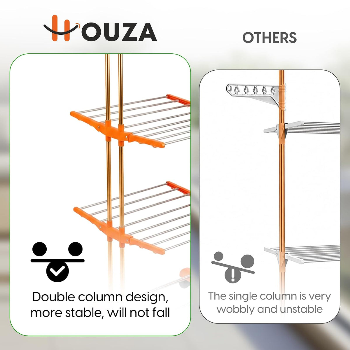 HOUZA Stainless Steel Clothes Drying Stand | 3 Layer Foldable Cloth Dryer Stand with Wheels | 6 Foldable Wings - Orange