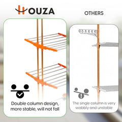 HOUZA Stainless Steel Clothes Drying Stand | 3 Layer Foldable Cloth Dryer Stand with Wheels | 6 Foldable Wings - Orange