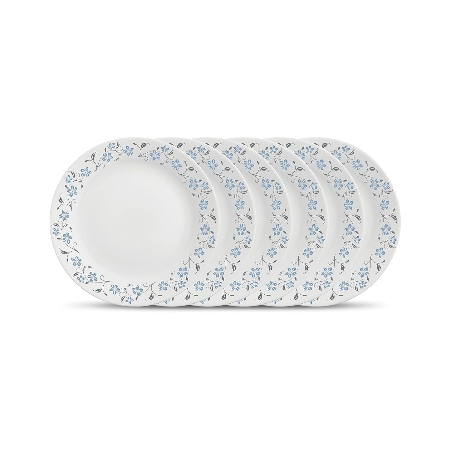 La Opala Diva Ivory Collection Opal Glass Crockery | Full Plate 11” Set of 6 | Grace Blue Design | Dinner Plate for Dining & Gifting | Microwave Safe | 100% Vegetarian | Extra Strong, Light & White