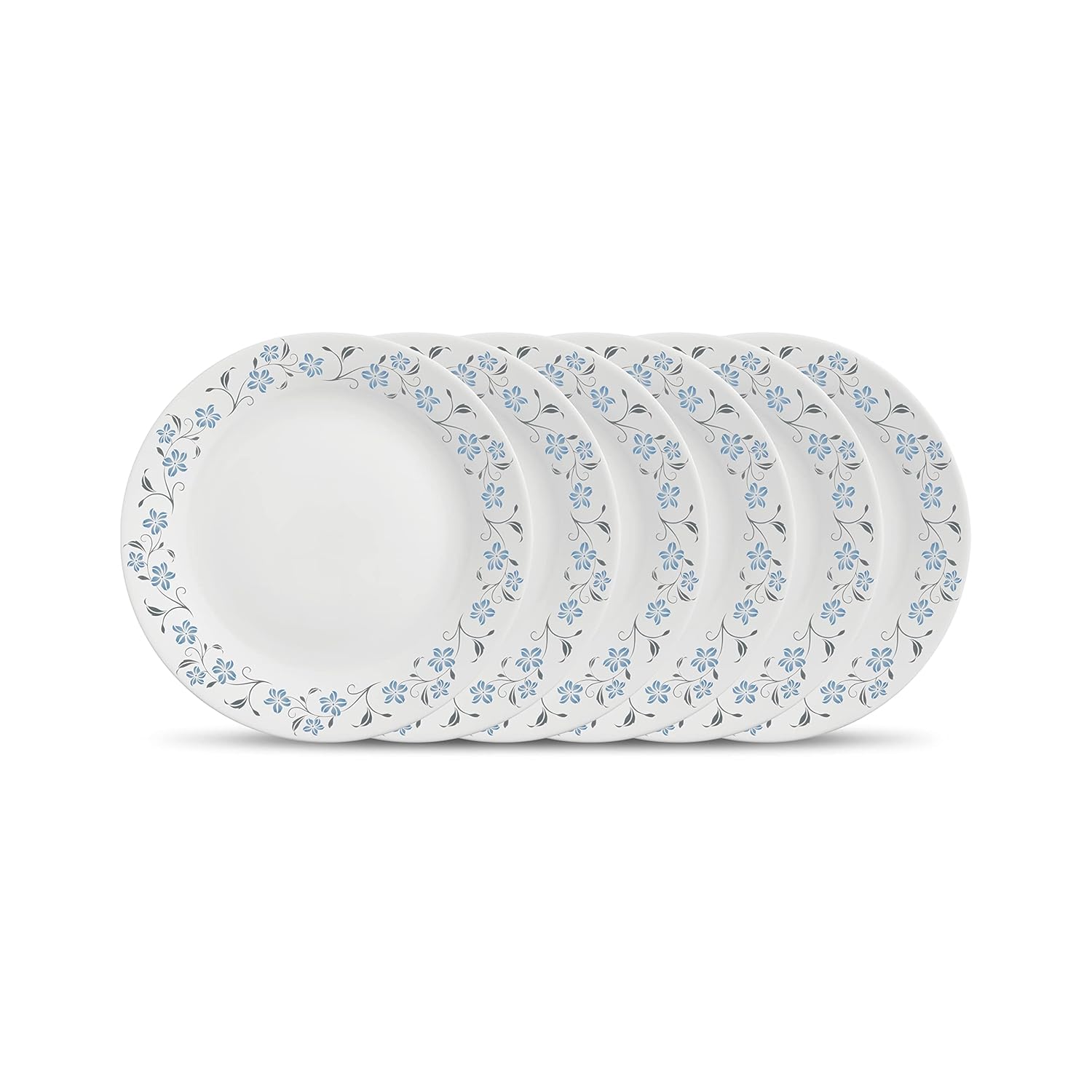 La Opala Diva Ivory Collection Opal Glass Crockery | Full Plate 11” Set of 6 | Grace Blue Design | Dinner Plate for Dining & Gifting | Microwave Safe | 100% Vegetarian | Extra Strong, Light & White