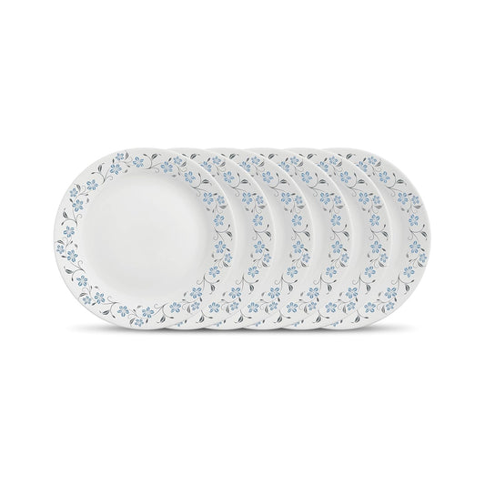 La Opala Diva Ivory Collection Opal Glass Crockery | Full Plate 11” Set of 6 | Grace Blue Design | Dinner Plate for Dining & Gifting | Microwave Safe | 100% Vegetarian | Extra Strong, Light & White