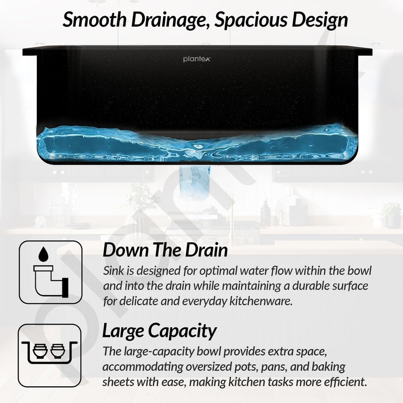 Plantex Matt German Engineered Technology Quartz Sink For Kitchen/UV Protected Kitchen Sink/Single Bowle Sink For Home(Charcoal Black-18X24 Inch)-4