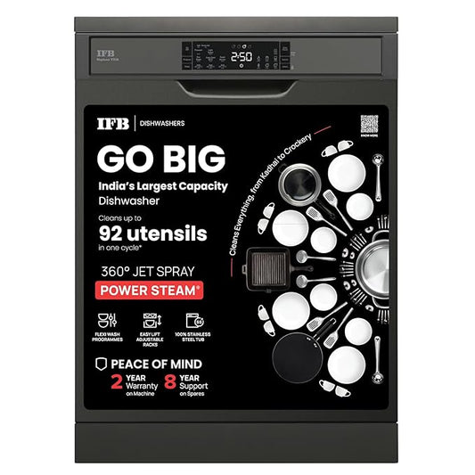 IFB 16 Place Settings with DeepClean® Technology Powered by AI Freestanding Dishwasher (Neptune VX16, Inox Grey, Largest Capacity Washes upto 92 Utensils, 70° Hot Water Wash)