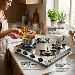 Vidiem Victor Stainless Steel Gas Stove 4 burner| Brass Burners | Mirror Finish | Large Cooking Space | Anti-Rust | High