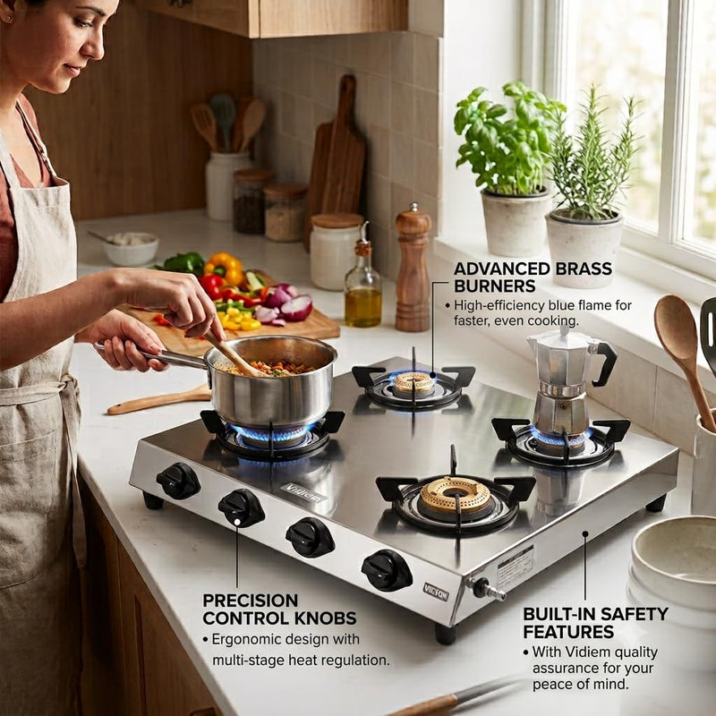 Vidiem Victor Stainless Steel Gas Stove 4 burner| Brass Burners | Mirror Finish | Large Cooking Space | Anti-Rust | High
