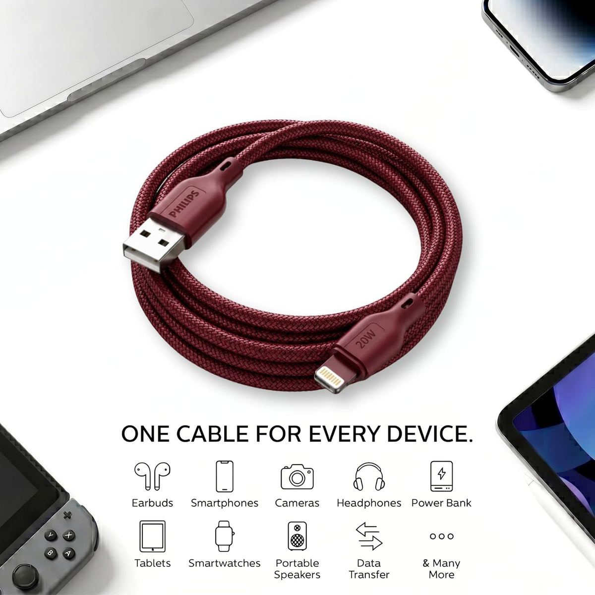 Philips DLC4130VI/94 20W iPhone Original Type-A to Lightning Fast Charging Cable (1m, Iron Red)