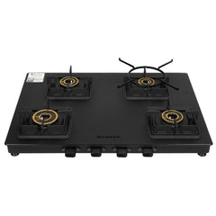 Faber 4 Burner 63Cm Cooktop |Auto Ignition| |Metal Knobs| MS Diamond Coated Pan Support | Matt Black Glass Finish |5 Yrs