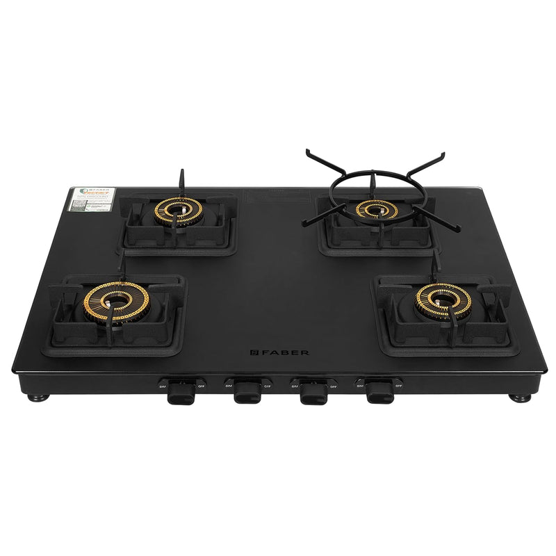 Faber 4 Burner 63Cm Cooktop |Auto Ignition| |Metal Knobs| MS Diamond Coated Pan Support | Matt Black Glass Finish |5 Yrs