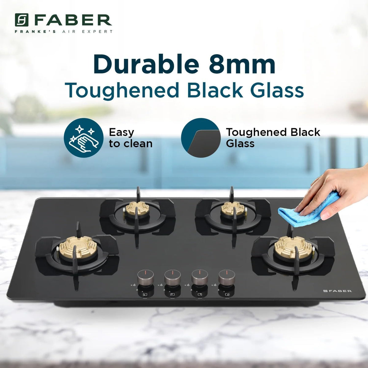 Faber 4 Burner 90cm Hob/Cooktop Hybrid | Auto-Ignition| Metal Knobs|Cast Iron Pan Support|Black Glass Finish |5 Yrs Warr