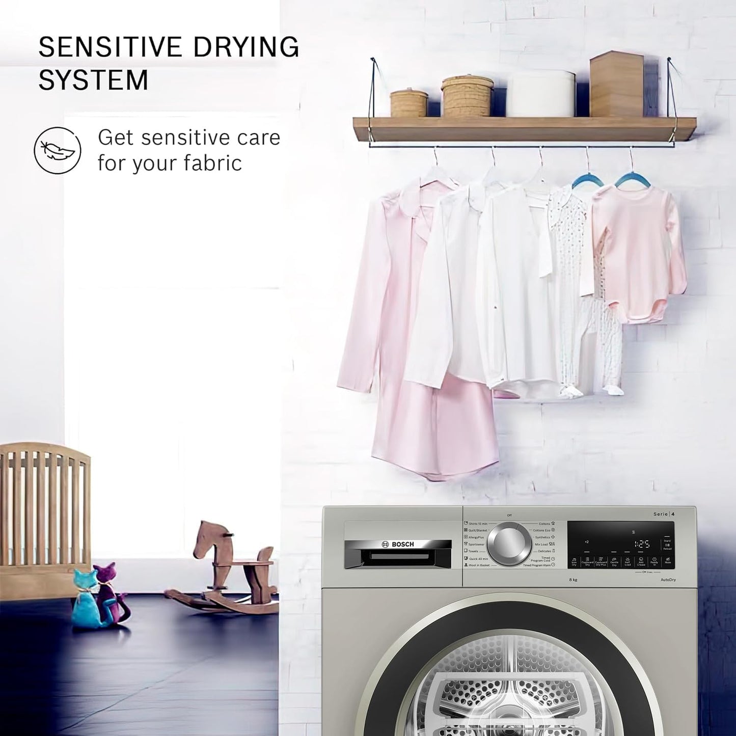 Bosch 8 kg Fully Automatic Front Load Condenser Tumble Dryer (WPG23108IN, 5 Drying Options, 14 Programs, Allergy Plus, 100% Drying with 0% Effort, Inbuilt Heater, Silver)