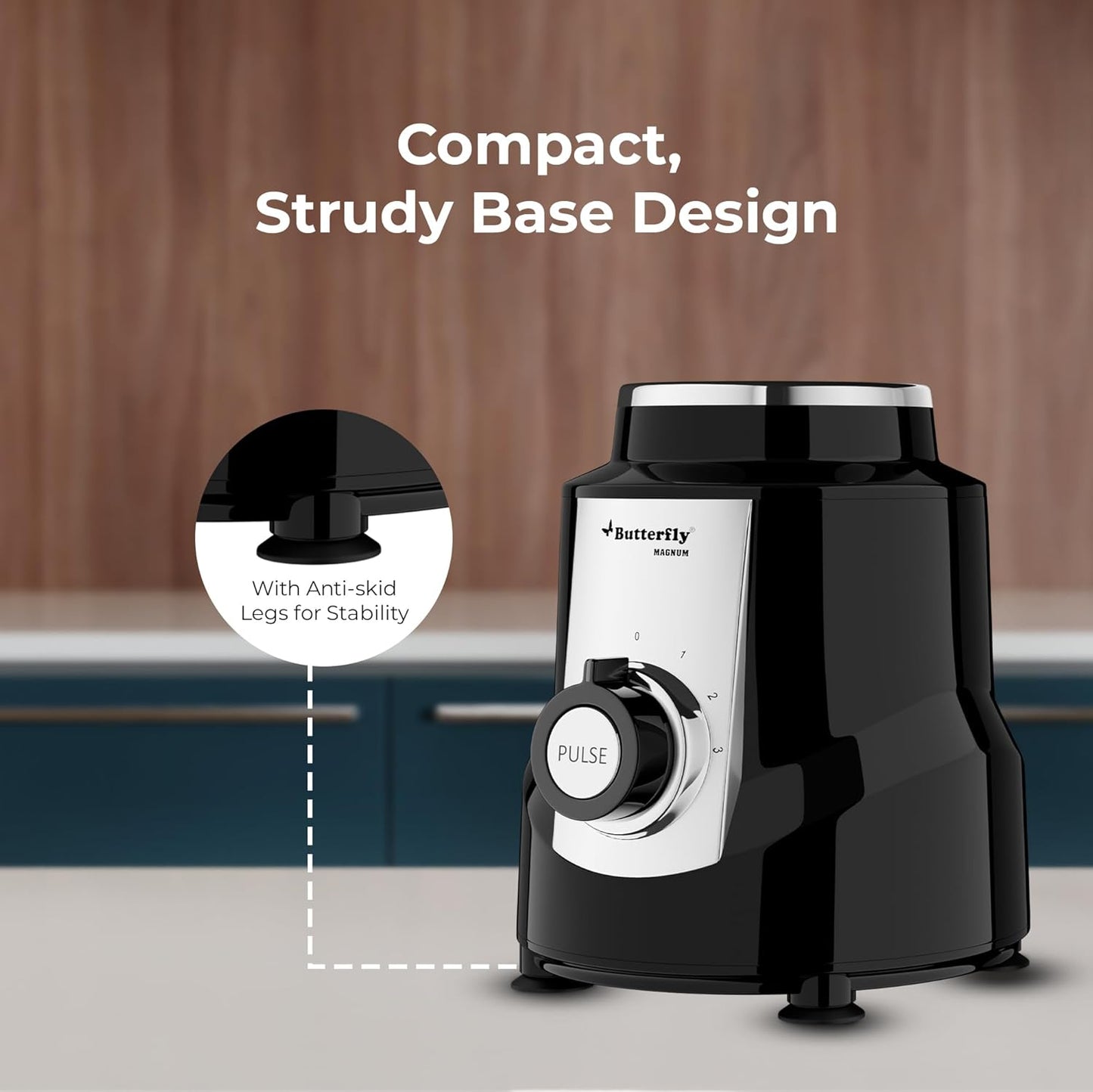 Butterfly Magnum 1.2 HP Mixer Grinder 3 Jar | 100% Copper Motor | 3 Stainless Steel Multipurpose Jars | ABS Body | Handsfree Operation | Lifetime Motor Warranty| Black