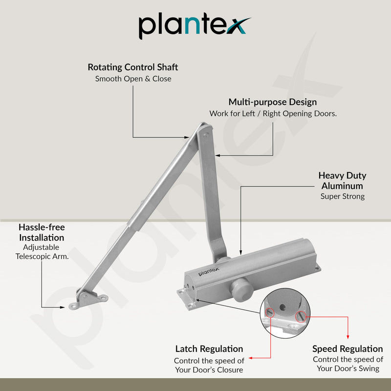 Plantex Hydraulic Automatic Door Closer/Aluminium Door Closer for Wooden Door/Soft Close Door Closer for Hotel/Home/Office - ISO 9001 Certified (MI-200, Capacity - 55 kg, Silver)-2