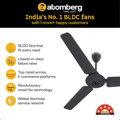 atomberg Ikano 1200mm BLDC Ceiling Fan with Remote | BEE 5 star | High Air Delivery | LED Speed Indicator | Low Noise | Timeless Design with Power Saving | 3 Year Warranty | (Pebble Grey)