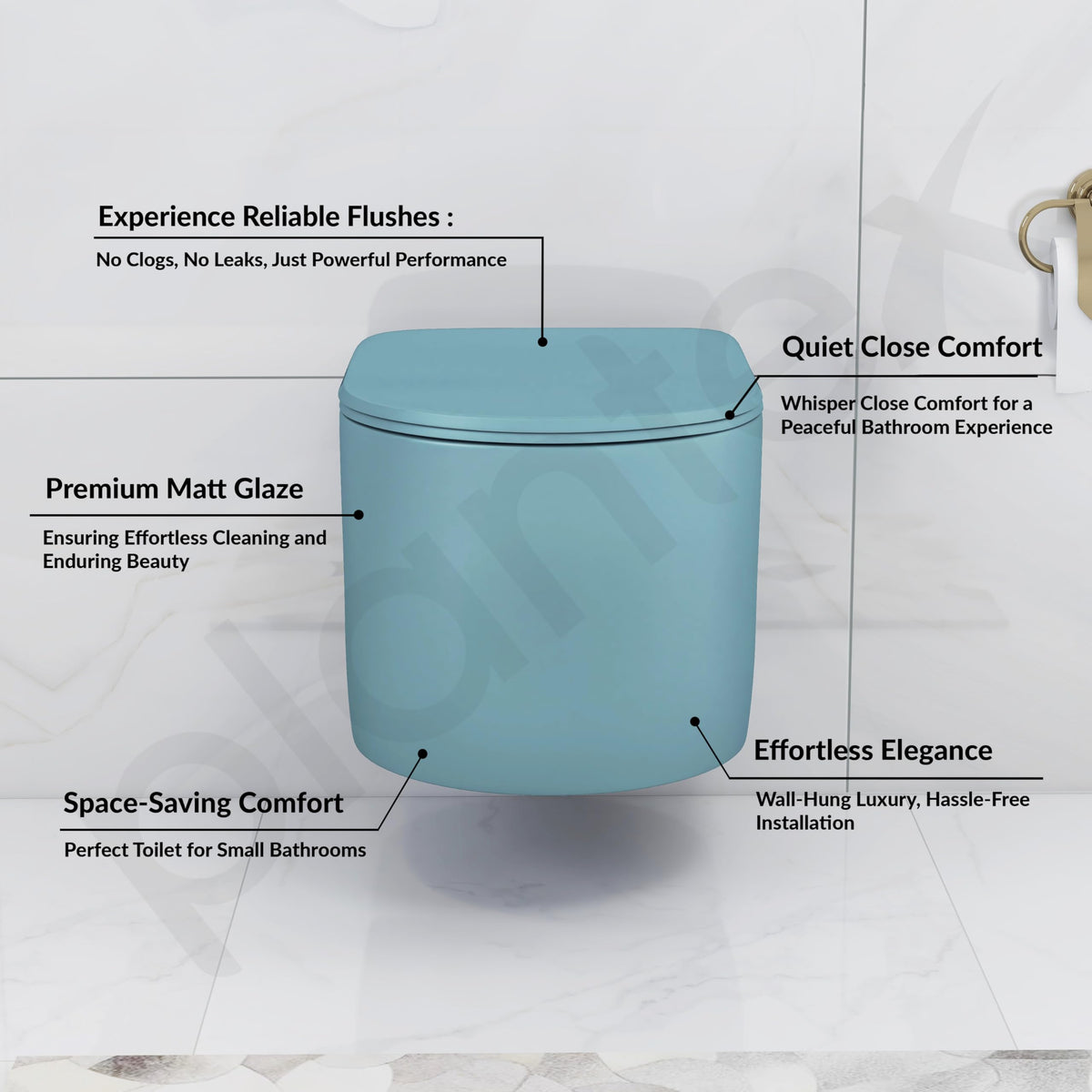 Plantex Imported Ceramic Wall Hung Commode/Rimless Washdown Flush Western Toilet/Round Commode with Soft Closing Toilet Seat - P Trap (Harmony Blue)-2
