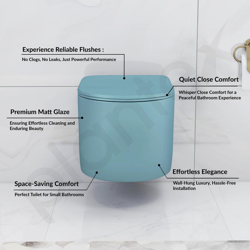 Plantex Imported Ceramic Wall Hung Commode/Rimless Washdown Flush Western Toilet/Round Commode with Soft Closing Toilet Seat - P Trap (Harmony Blue)-2