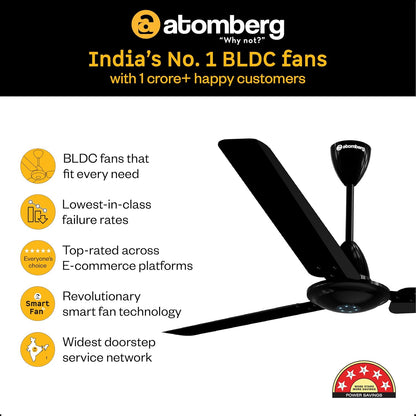 atomberg Ikano 1400mm BLDC Ceiling Fan with Remote | BEE 5 star | High Air Delivery | LED Speed Indicator | Low Noise | Timeless Design with Power Saving | 3 Year Warranty | Gloss Black