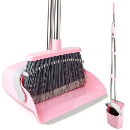Broom and Dustpan Set, Efficient Floor Cleaning with Broom, Long Handle and Standing Dustpan with Comb Teeth, Adjustable Handle for Home Kitchen Office Lobby(Gray Pink)