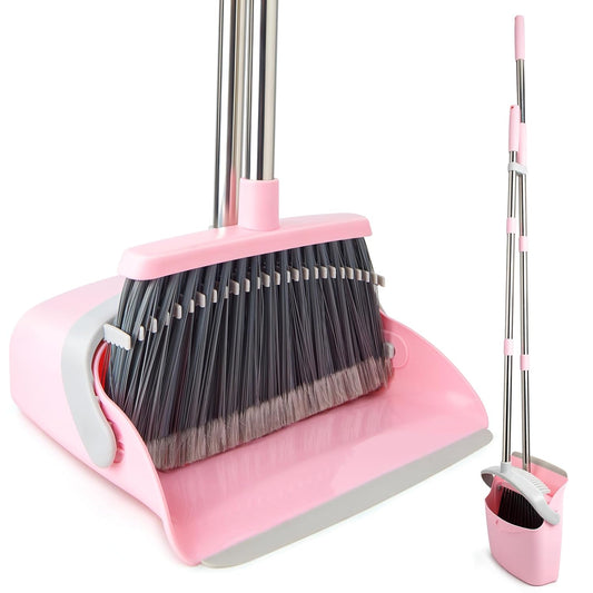 Broom and Dustpan Set, Efficient Floor Cleaning with Broom, Long Handle and Standing Dustpan with Comb Teeth, Adjustable Handle for Home Kitchen Office Lobby(Gray Pink)