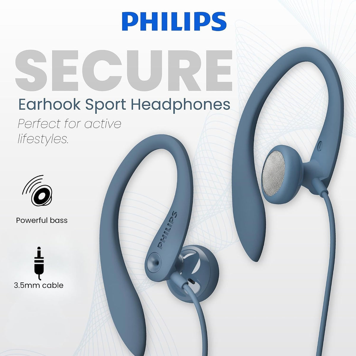 Philips SHS3200BL Flexible Earhook Headphones, Blue (SHS3200BL/37)