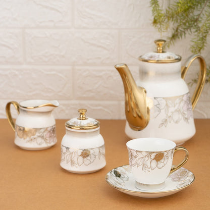 Clay Craft Gold Print Premium Fine Ceramic Tea Set of 15 Pcs (1 Kettle + 6 Cups + 6 Saucers + 1 Milk Pot + 1 Sugar Pot) (Design 6 - Rose(R512))