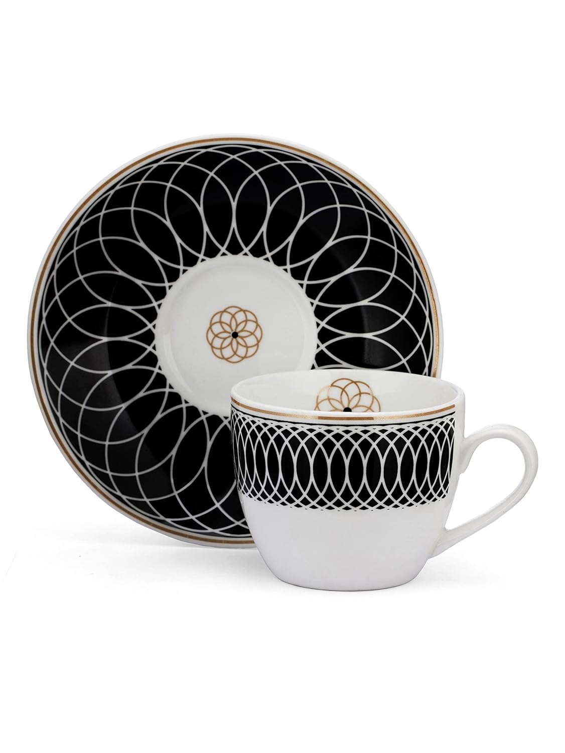 Clay Craft Fine Ceramic Cream Series Cup & Saucer Set for Tea/Coffee of 12 (6 Cups + 6 Saucers) - 180 ml Each (Black Circles)