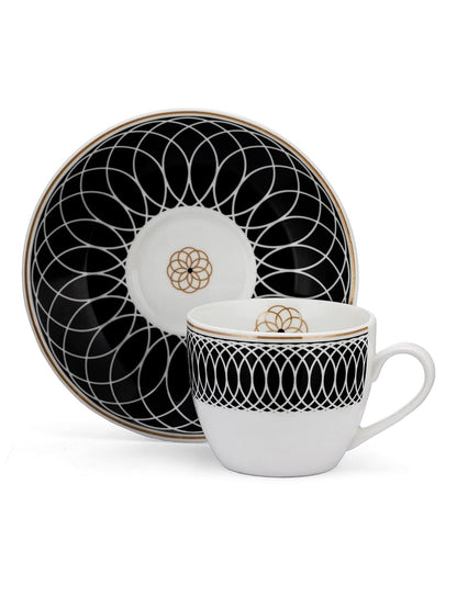 Clay Craft Fine Ceramic Cream Series Cup & Saucer Set for Tea/Coffee of 12 (6 Cups + 6 Saucers) - 180 ml Each (Black Circles)