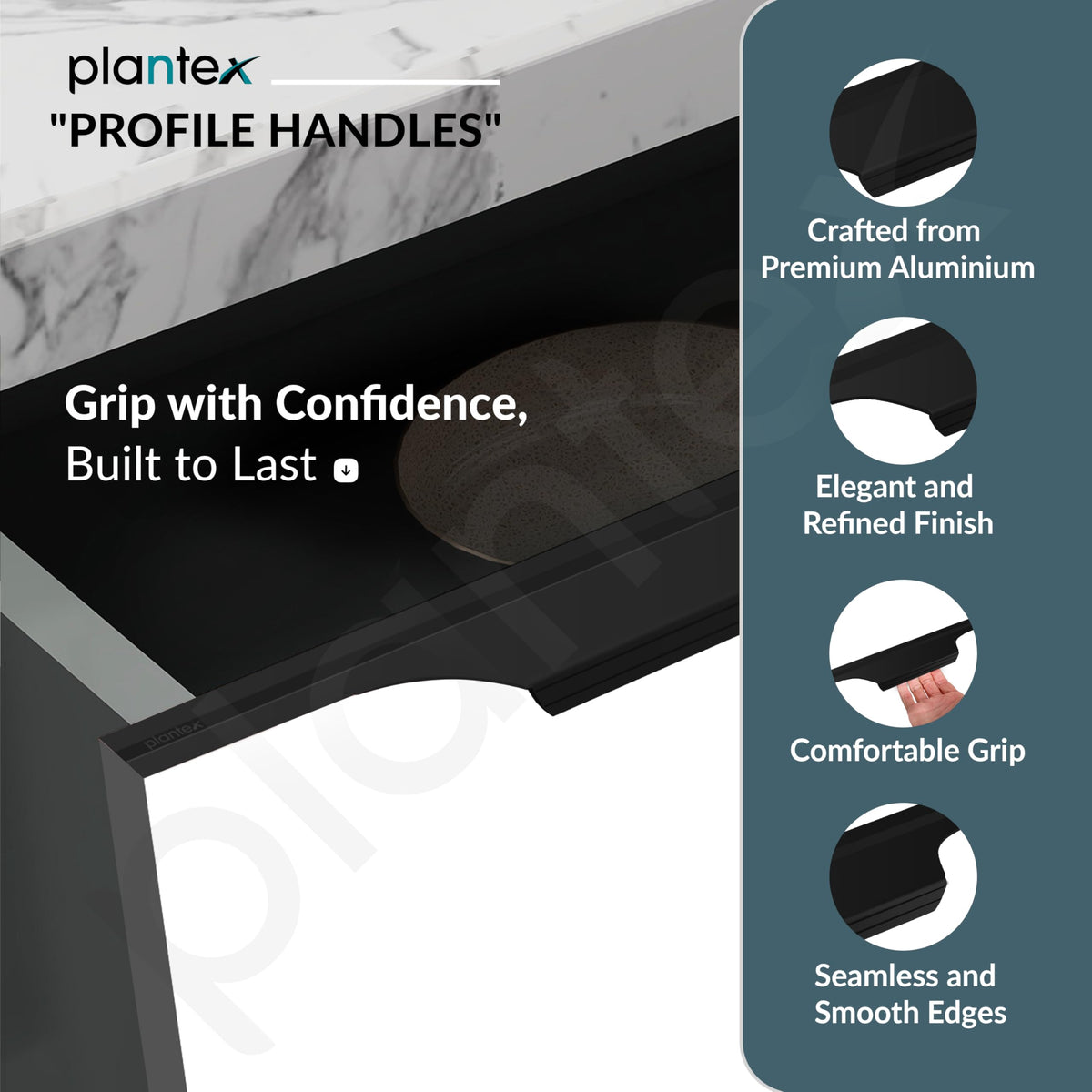 Plantex Profile Handle for Kitchen Cabinet/22 Inch Aluminium Drawer Profile Handle/Wardrobe Pull Handle for Home/Office/Hotel - Pack of 5 (Black) (Model APS-PF-1003)-2
