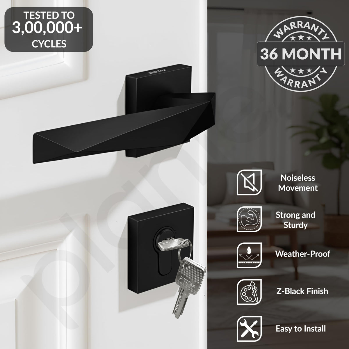 Plantex Main Door Lock Set/Door Handle Lock/Mortise Door Lock for Home with 3 Years of Warranty (7129, Z-Black)-2