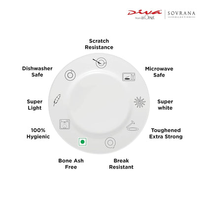 La Opala Diva Sovrana Collection Opal Glass Crockery | For Family of 6 | Dinner Set 35 pcs Moroccan Gold | Plates & Bowls for Dining | Microwave Safe | 100% Vegetarian | Extra Strong | Light & White