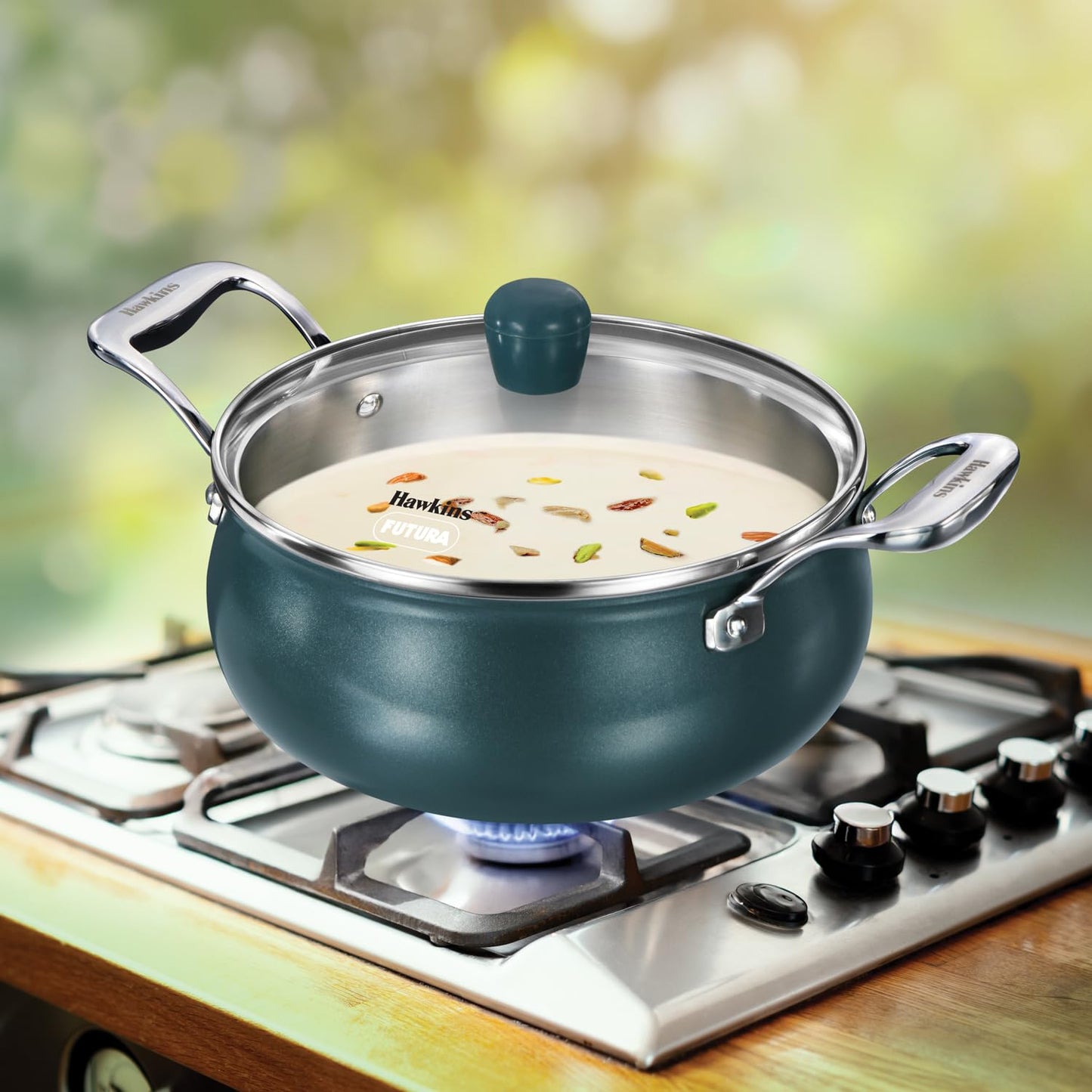 Hawkins Olive Pro 3 Litre Handi, Triply Stainless Steel Pan with Stainless Steel Handles and Glass Lid, Green (POSH30G)