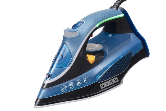 USHA Aqua Glow 2000 watts Steam Iron with Innovative Led Indicator | Ceramic Soleplate |Powerful Steam Output upto 20gm/min | 300ml Water Tank Capacity |Self Cleaning Function| 2 Years Warranty|(Blue)