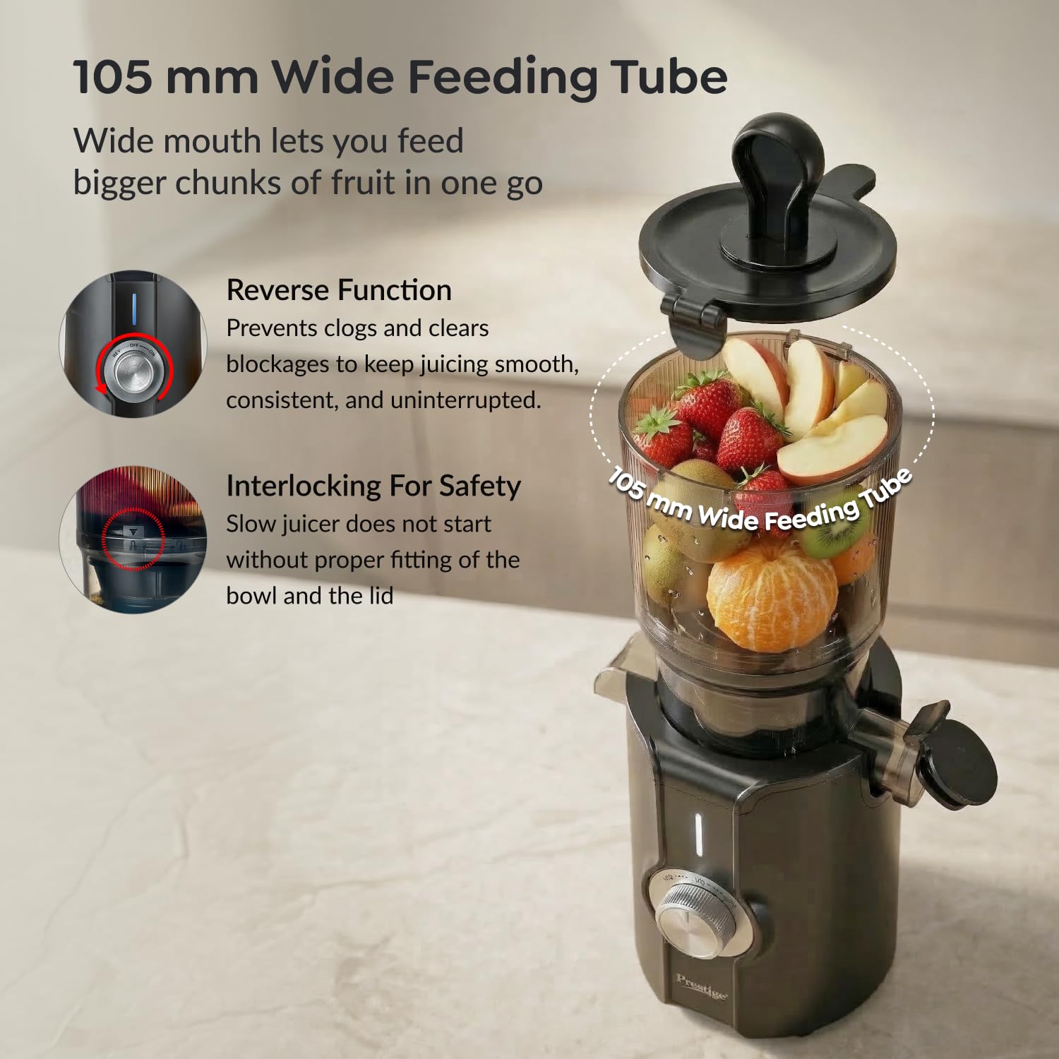 Prestige Natura 200W Cold Press Slow Juicer | 105mm Wide Chute | Interlocking Safety | Reverse Function | Juice and Pulp Collectors | Quiet Operation | Easy to Clean | Black | 2 Year Warranty
