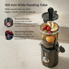 Prestige Natura 200W Cold Press Slow Juicer | 105mm Wide Chute | Interlocking Safety | Reverse Function | Juice and Pulp Collectors | Quiet Operation | Easy to Clean | Black | 2 Year Warranty
