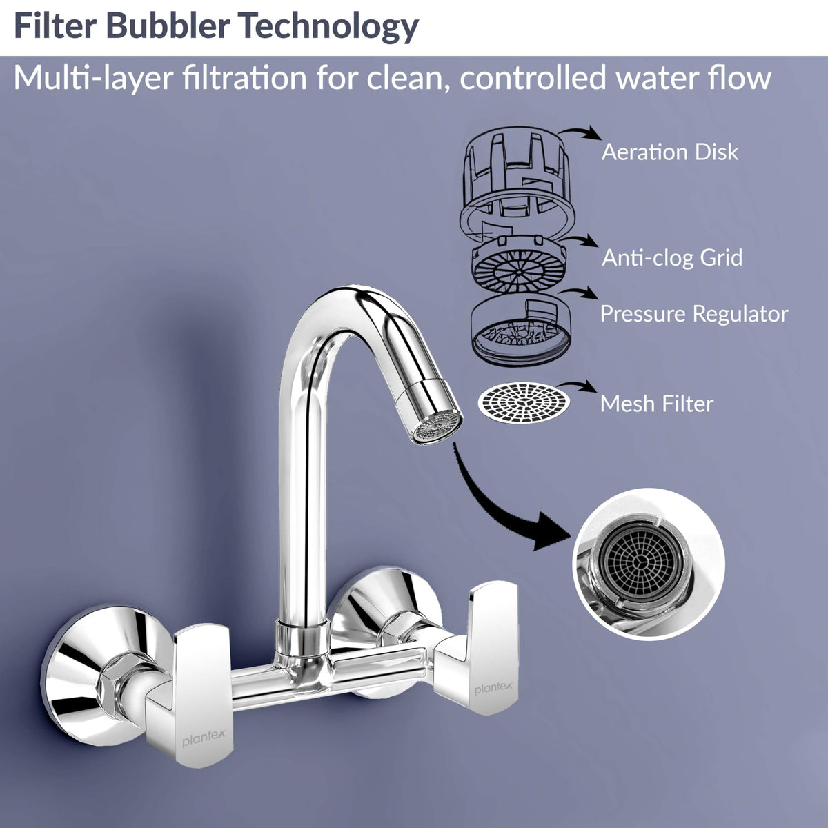 Plantex Sink Mixer Tap for Kitchen Sink with 360‚° Swivel Spout/Water Mixer Tap with Wall Flange and Teflon Tape/Sink Mixer Tap Hot and Cold with Brass Spindle (Saga-Chrome)-5