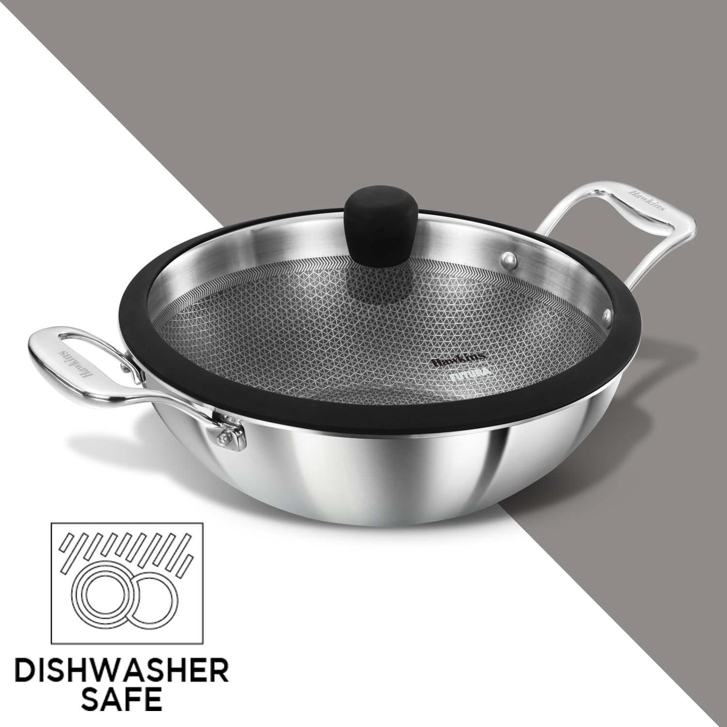 Hawkins Pro 3.5 Litre Shielded Nonstick Triply Deep-Fry Pan, Kadhai with Stainless Steel Handles and Glass Lid, Silver (PSNK35G), 26 cm