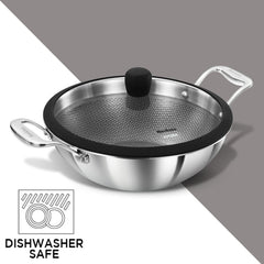 Hawkins Pro 3.5 Litre Shielded Nonstick Triply Deep-Fry Pan, Kadhai with Stainless Steel Handles and Glass Lid, Silver (PSNK35G), 26 cm
