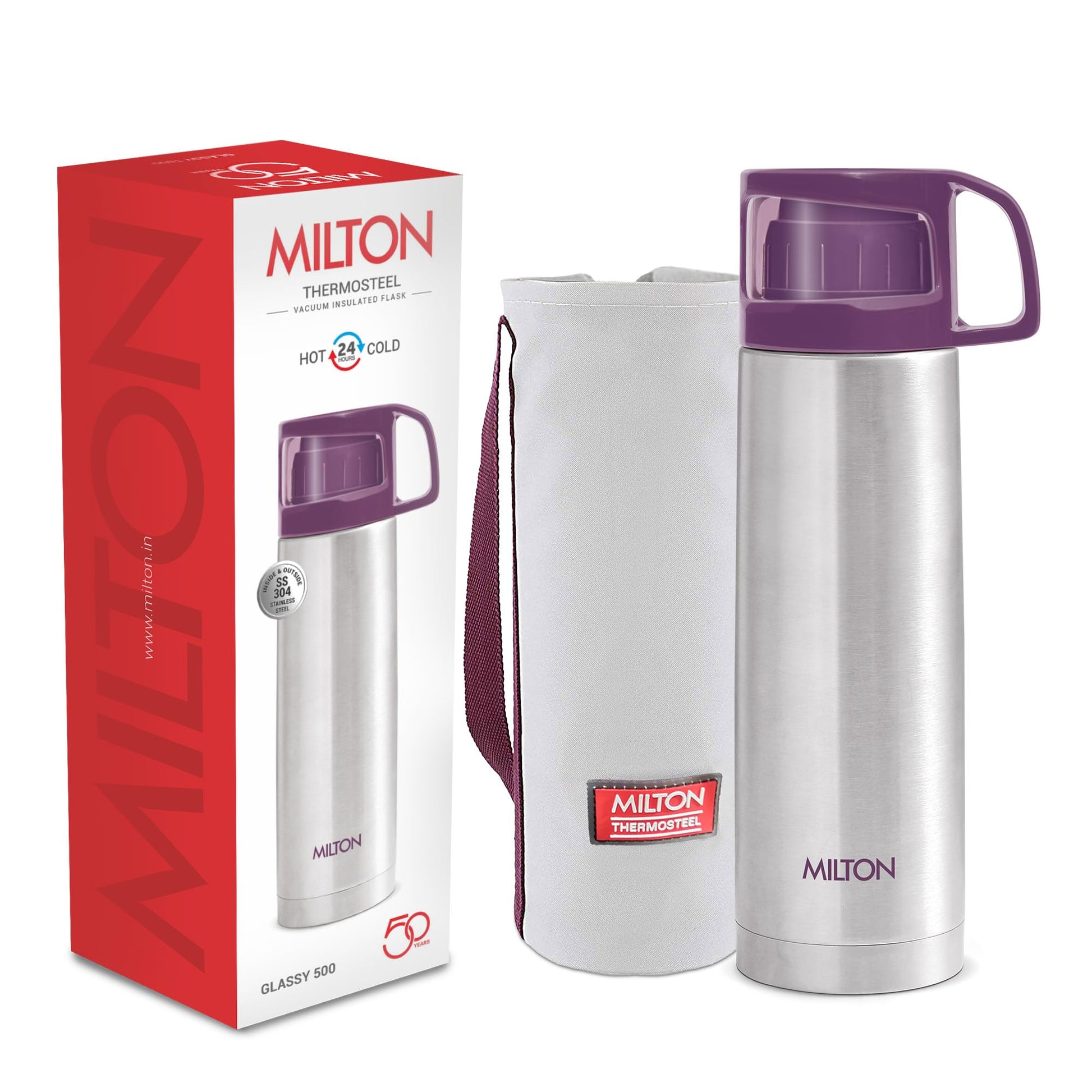 Milton Glassy 500 Thermosteel Vacuum Insulated Double Walled Flask with Drinking Cup lid & Jacket, 500 ml Water Bottles, 24 Hours Hot & Cold, Easy to Carry,Rust Proof, Tea, Coffee, Travel Bottle, Grey