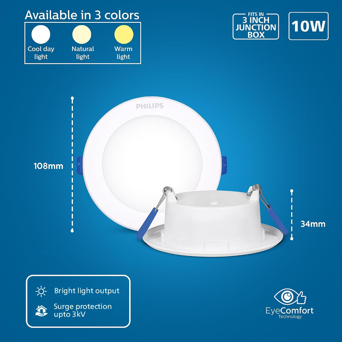 Philips Polycarbonate Starfit 10 watt Concealed JB LED downlighter for Ceiling with 3 inch Cut-Out (Natural (Pack of 24)