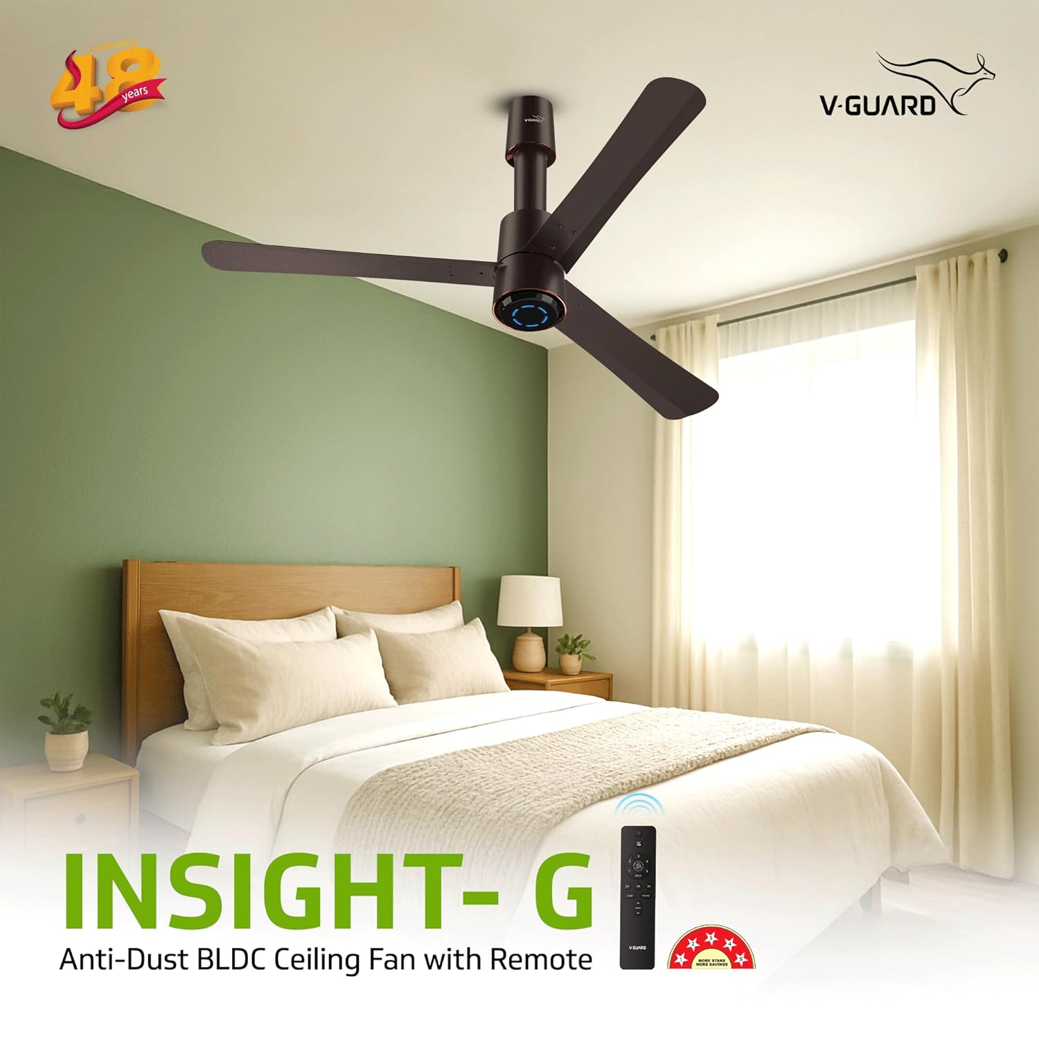 V-Guard Insight-G Premium Bldc Ceiling Fan For Home | 6 Speed Settings | 5 stars Energy Saving | Convenient Remote Control | High-Speed 100% Copper Motor | 1.2M (Elegance Brown Matte)
